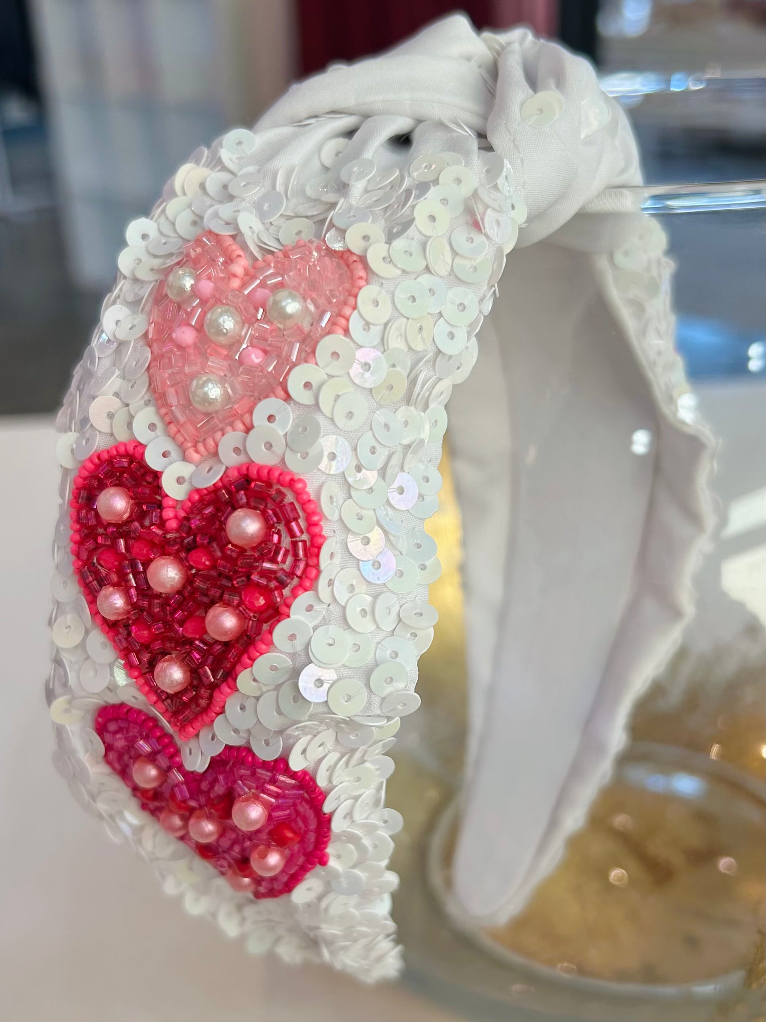 Valentine's Day Jeweled Hearts Headband - White