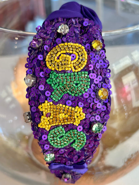 Mardi Gras Jeweled Top Knot Headband