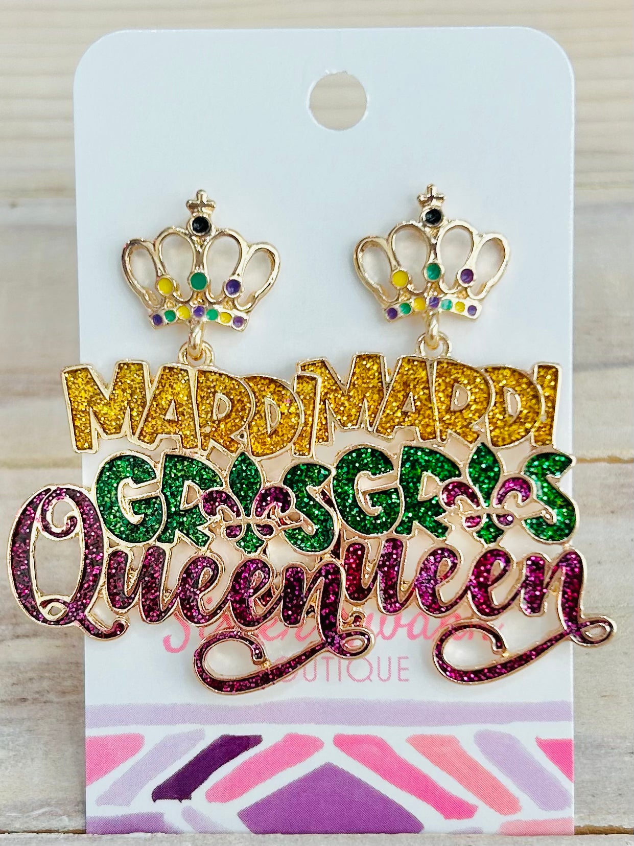 Glitter Mardi Gras Queen Drop Earrings