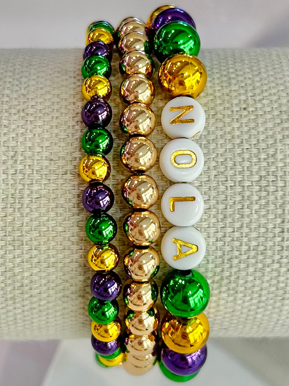 Set of 3 NOLA Mardi Gras Beaded Stretch Bracelets