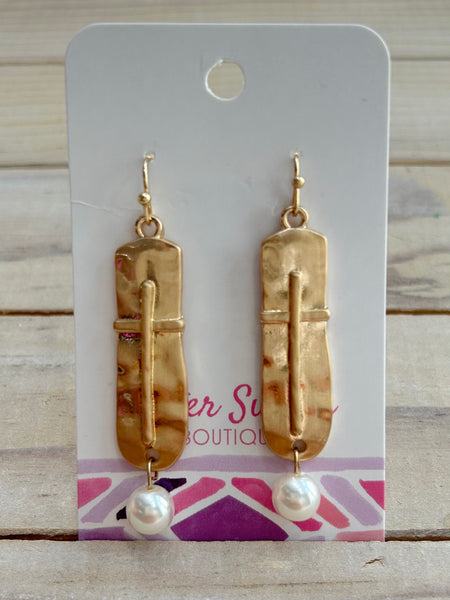 Pearl & Cross Drop Earrings - Gold