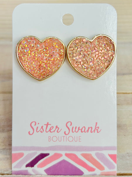 Rhinestone Glitter Heart Stud - Gold