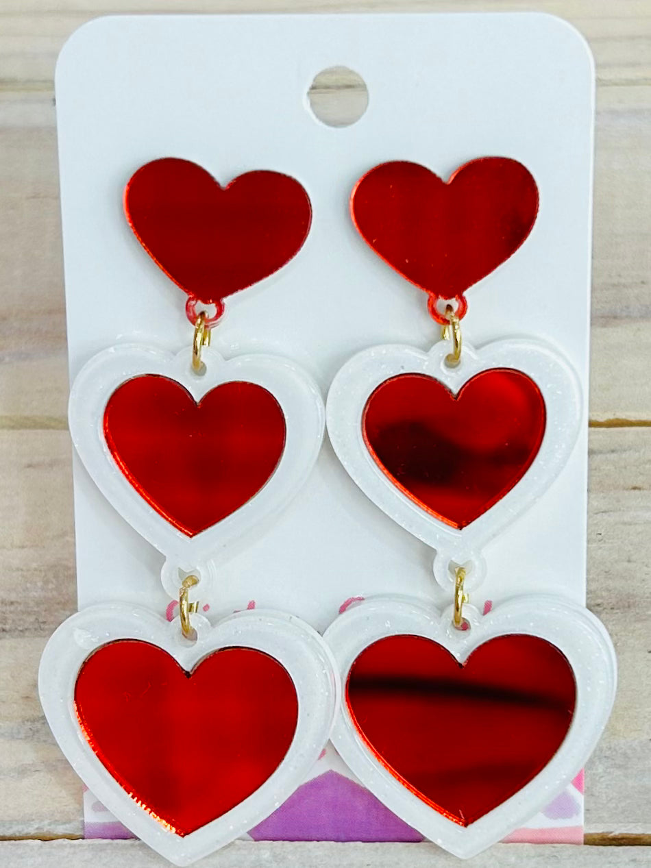 Linked Heart Drop Earrings - Red