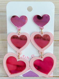 Linked Heart Drop Earrings - Pink