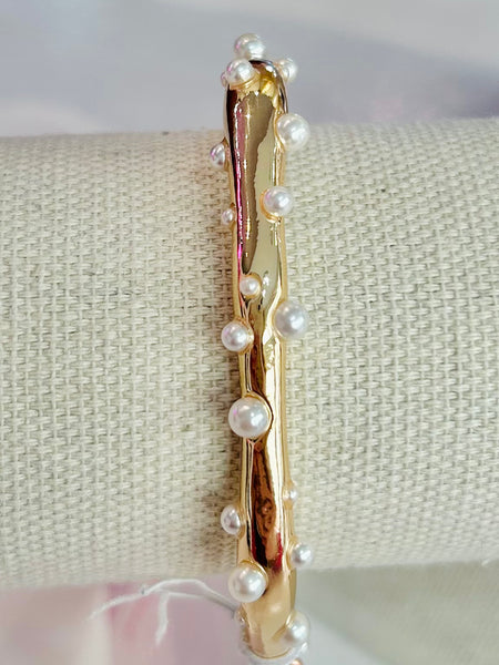 Gold Cuff Bracelet with Pearl Studs