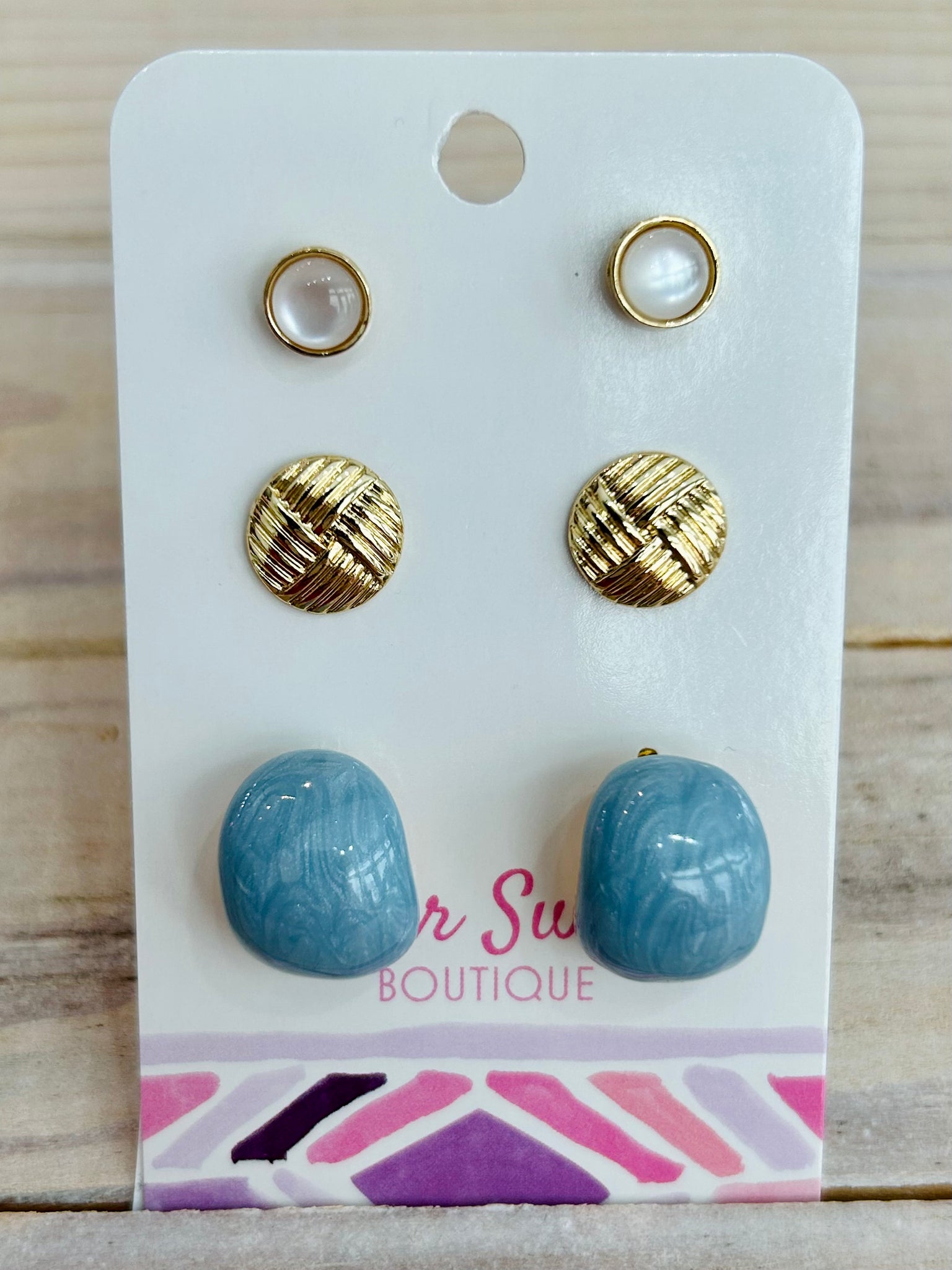 Set of Three Stud & Hoop Earrings - Blue