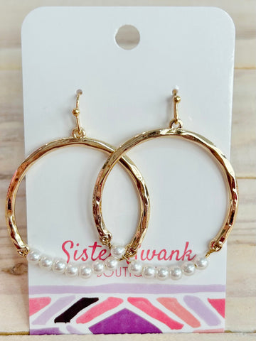 Hammered Metal Hoop/Pearl Drop Earrings - Gold