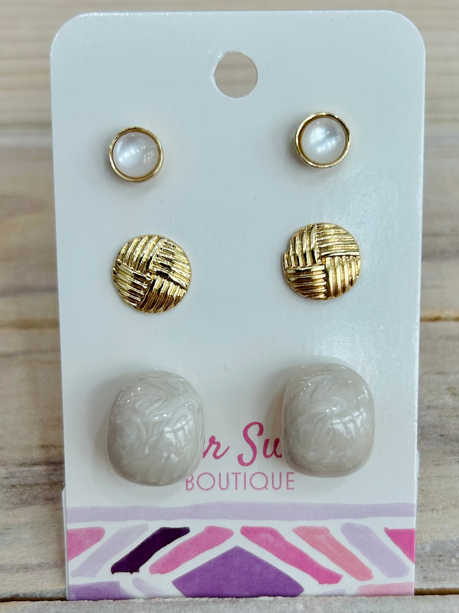 Set of Three Stud & Hoop Earrings - Ivory