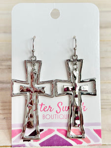 Nesting Hammered Metal Cross Drop Earrings - Silver