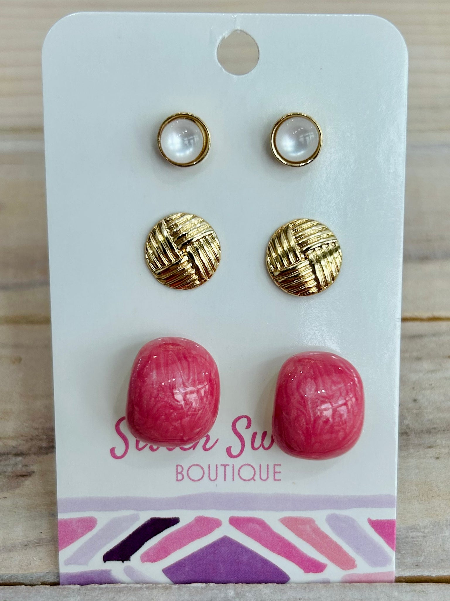 Set of Three Stud & Hoop Earrings - Pink