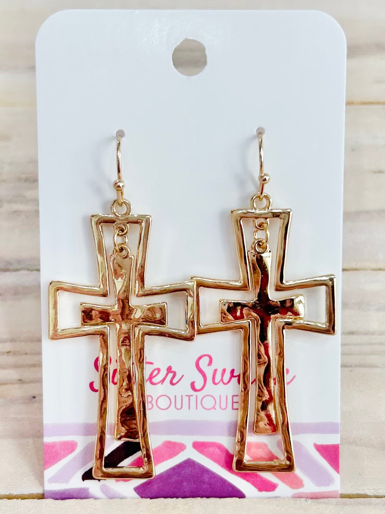 Nesting Hammered Metal Cross Drop Earrings - Gold