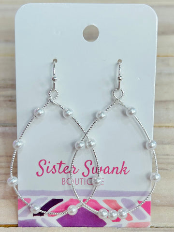 Metal Teardrop Drop Earrings Featuring Pearl Accents - Silver