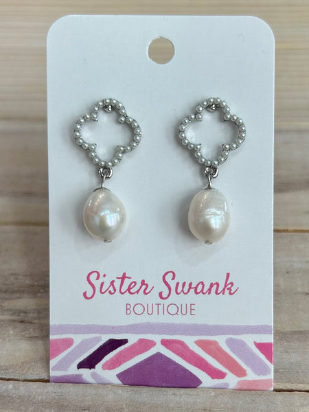 Linked Pearl Beaded Clover Earrings - Silver
