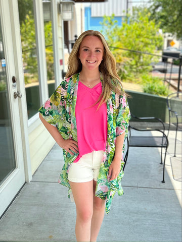 Summer Flamingo Kimono - Green
