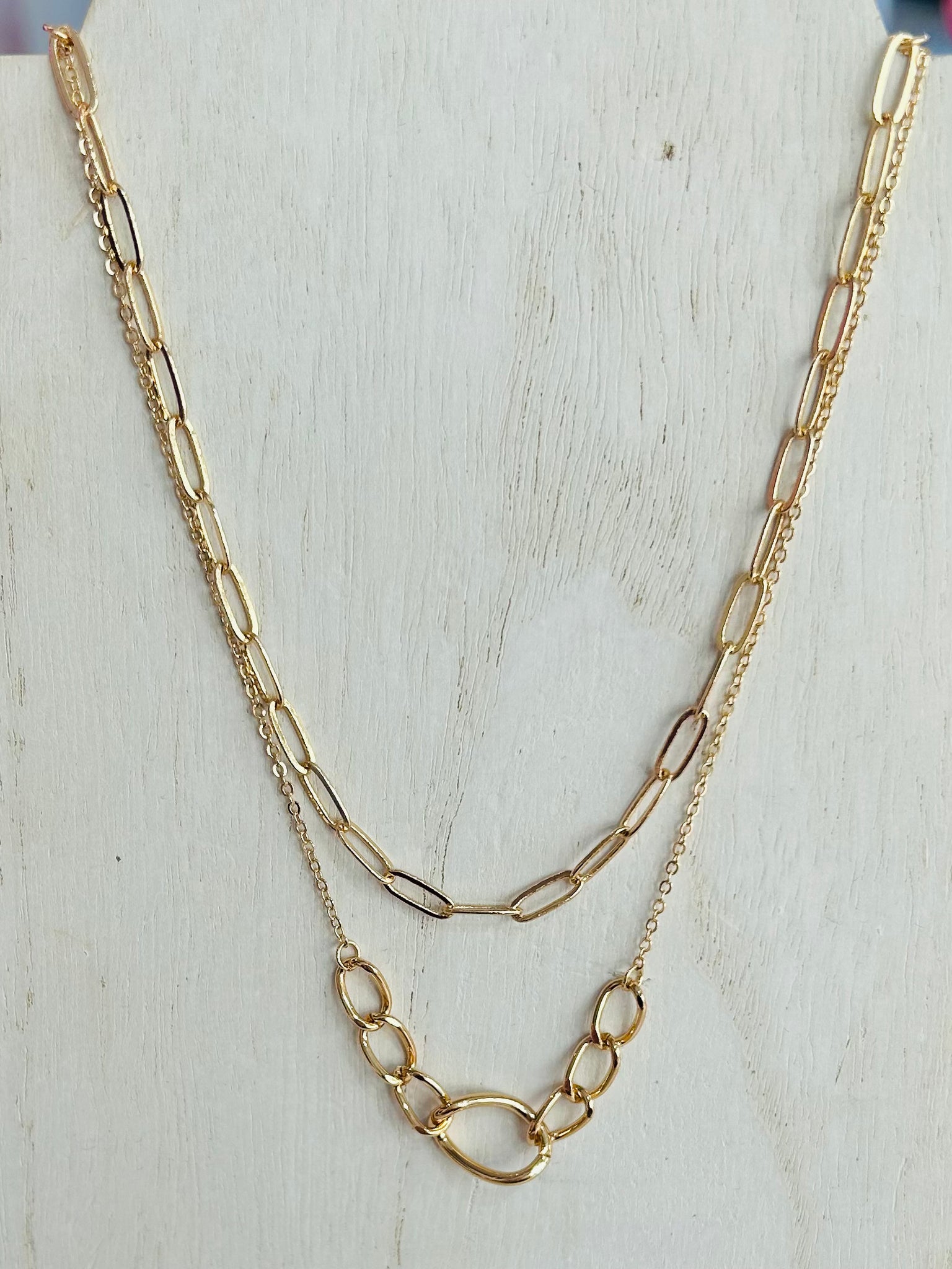 Layered Metal Chain Link Necklace - Gold