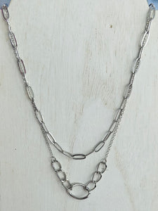 Layered Metal Chain Link Necklace - Silver