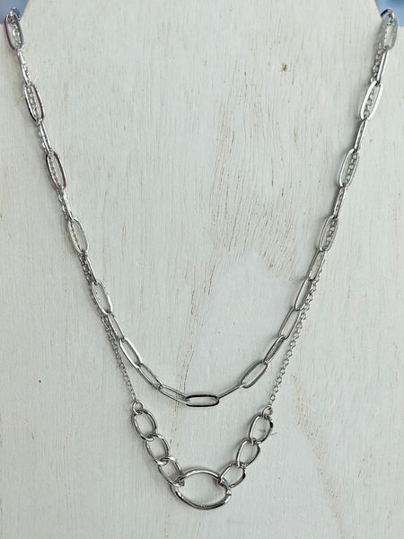 Layered Metal Chain Link Necklace - Silver