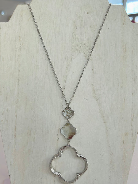 Long Chain Link Clover Pendant Necklace - Silver