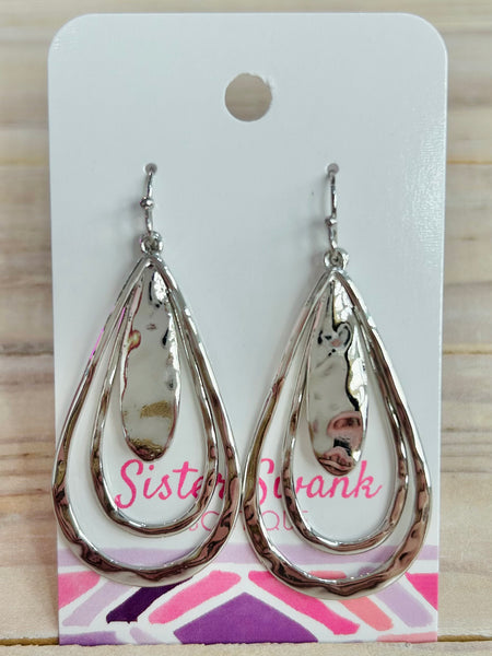 Hammered Metal Nesting Teardrop Drop Earrings - Silver