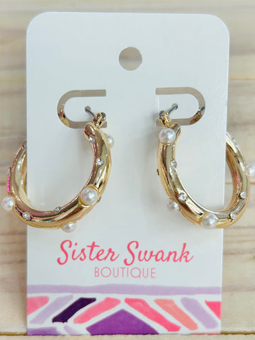 Hoop Earrings With Pearl & Rhinestone Accents - Gold