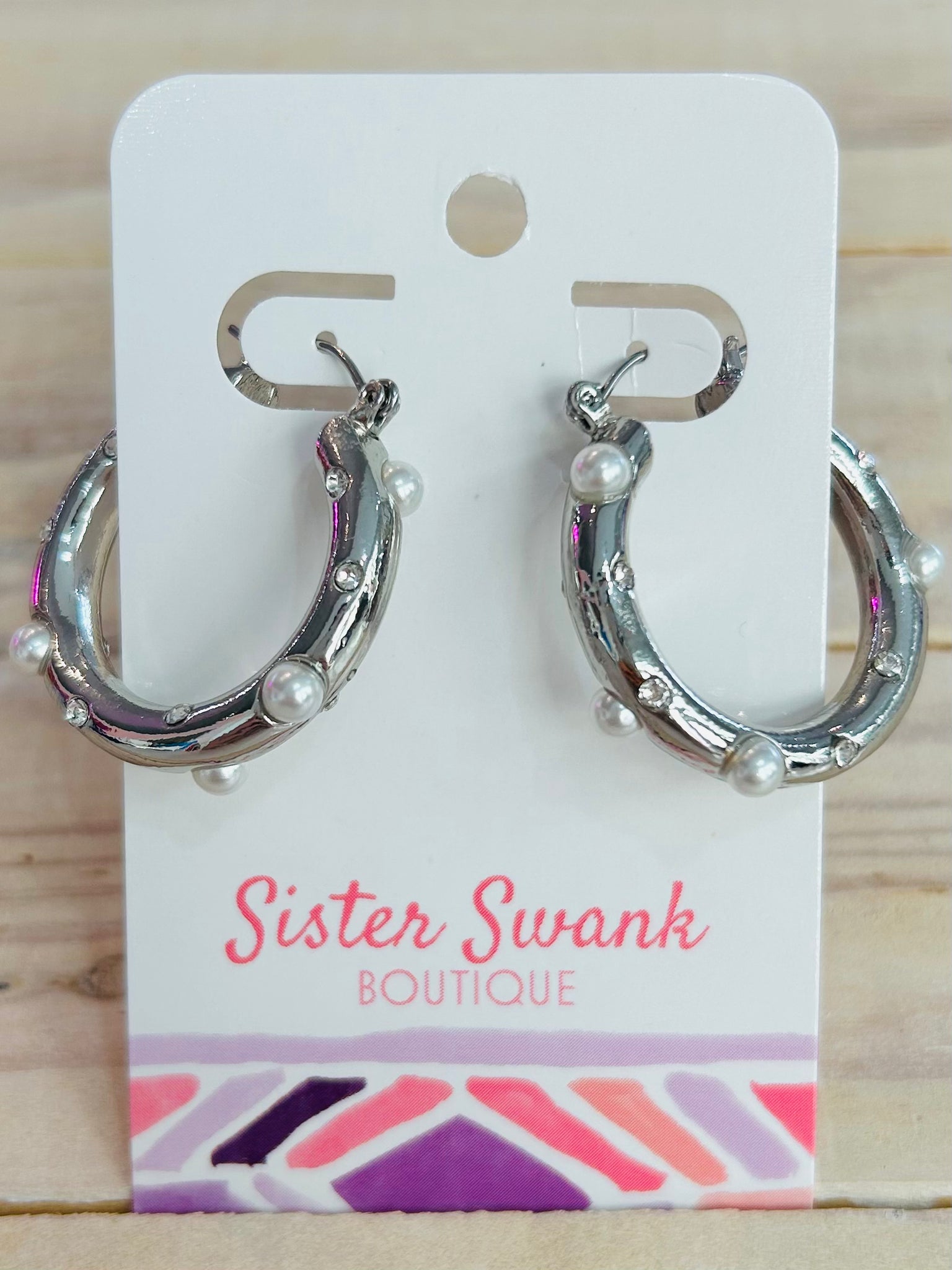 Hoop Earrings With Pearl & Rhinestone Accents - Silver
