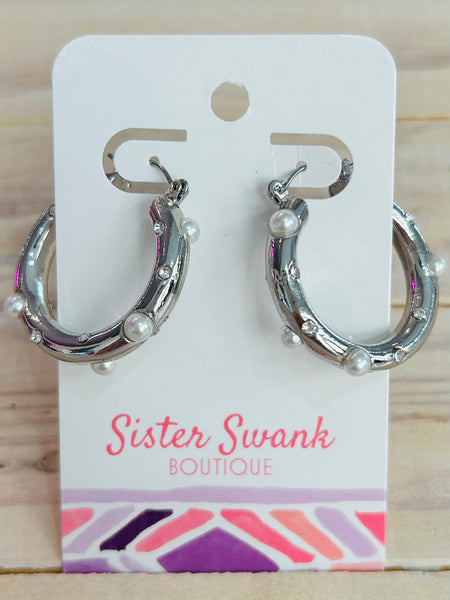 Hoop Earrings With Pearl & Rhinestone Accents - Silver