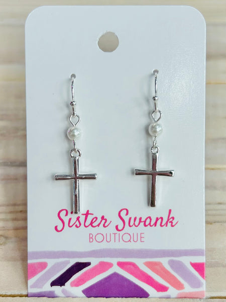 Metal Cross and Pearl Drop Earrings  - Silver