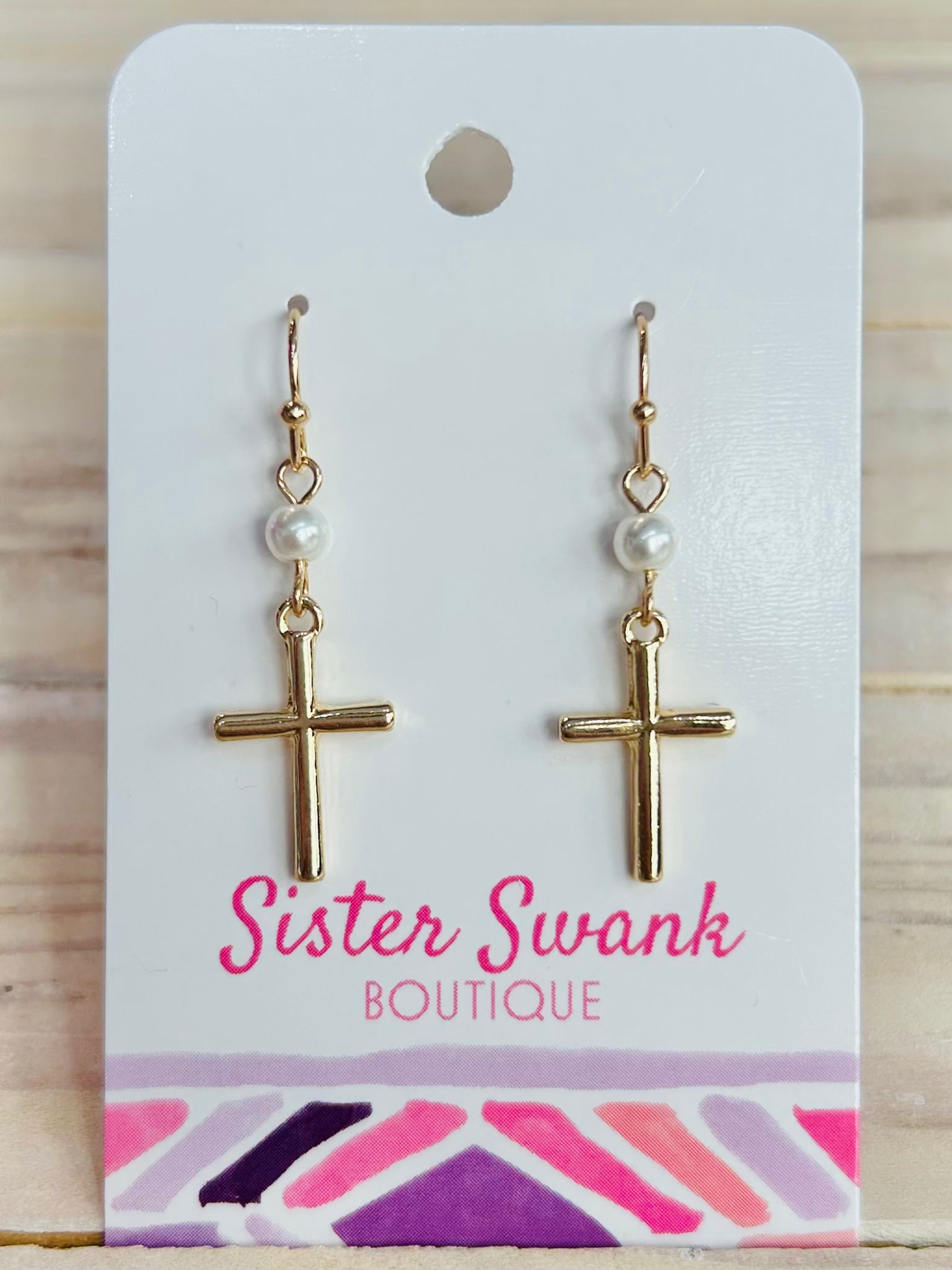 Metal Cross and Pearl Drop Earrings - Gold