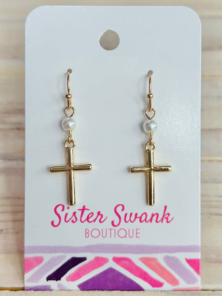 Metal Cross and Pearl Drop Earrings - Gold