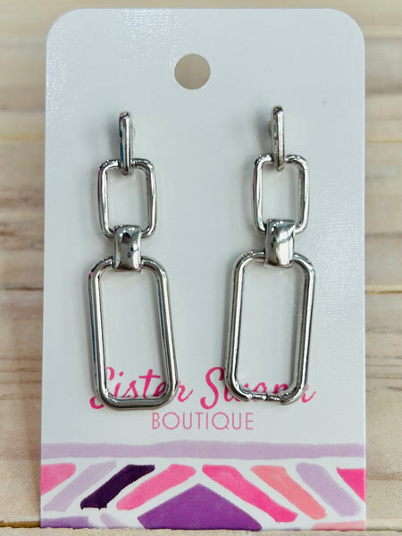 Metal Tone Linked Rectangle Drop Earrings - Silver