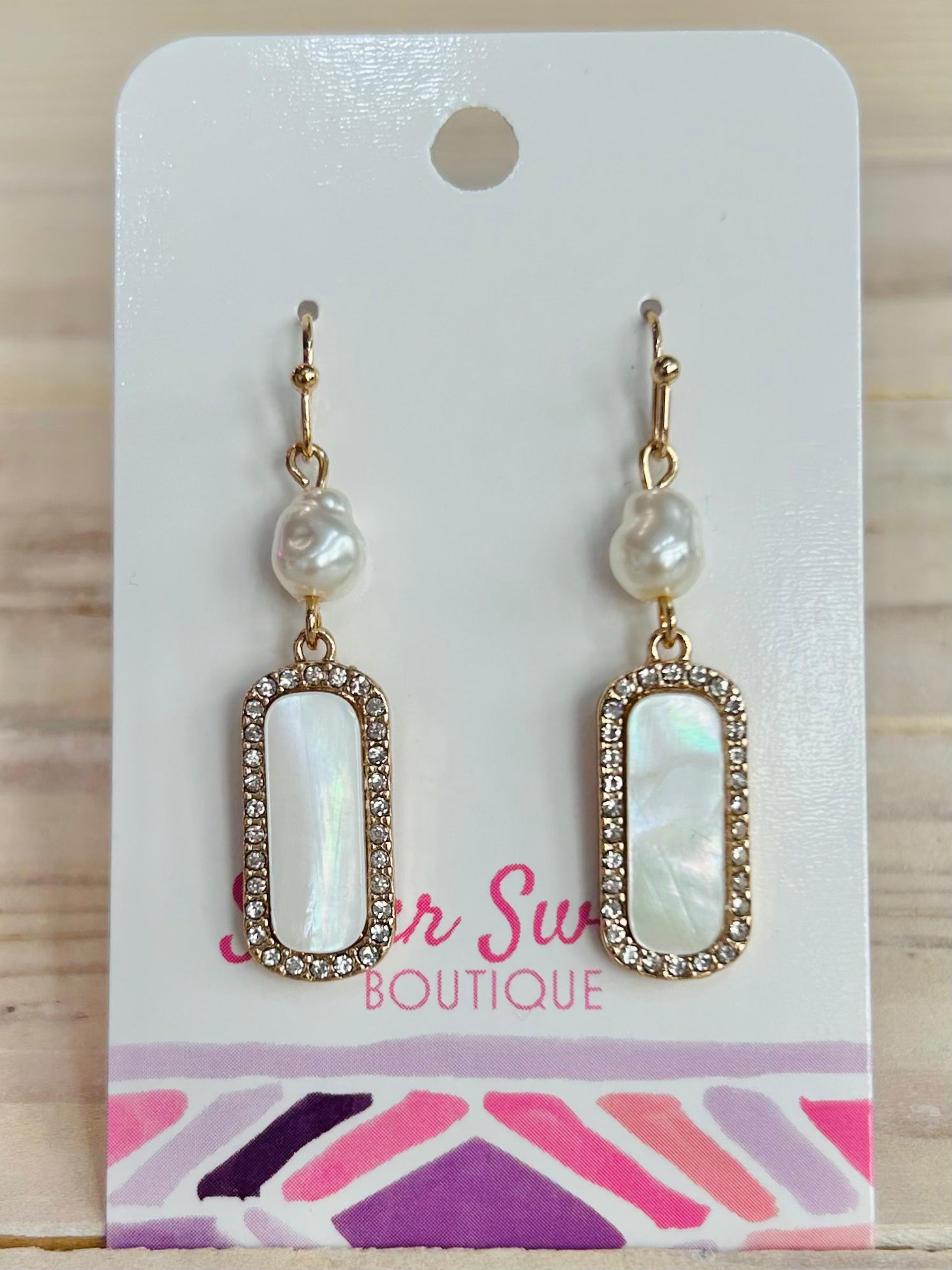 Pearlescent Rectangle Dangle Earrings - Gold