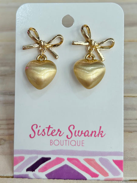Metal Bow Heart Drop Earrings - Gold