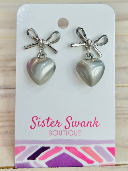 Metal Bow Heart Drop Earrings - Silver