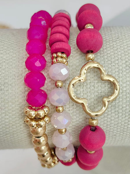 Set of Three Clover Beaded Stretch Bracelets - Hot pink