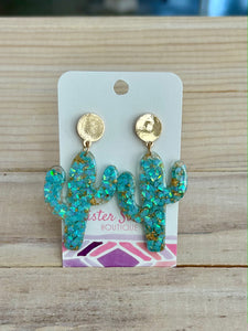 Glitter Resin Cactus Earrings - Blue