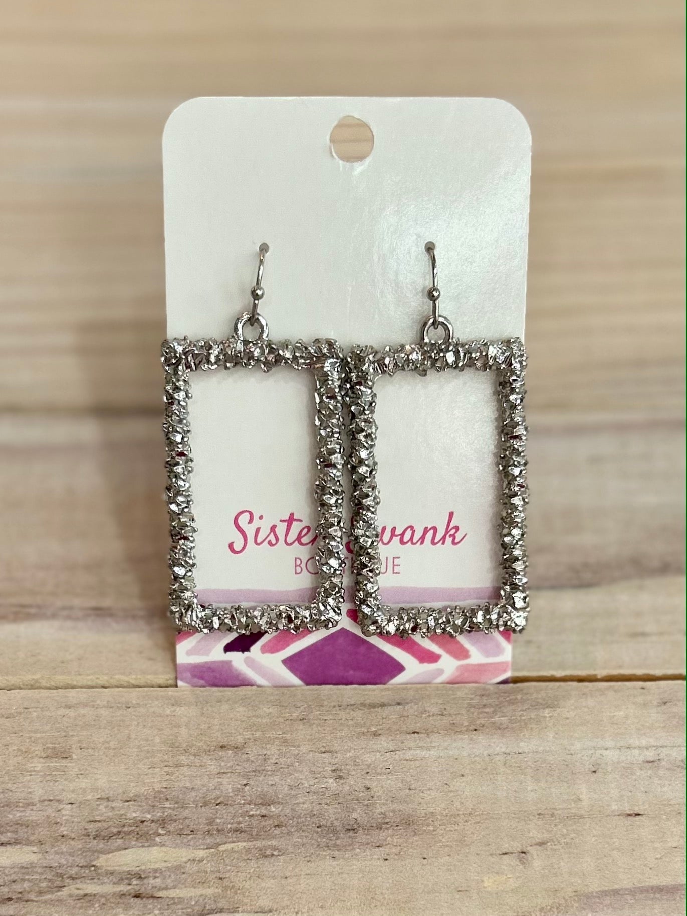 Textured Metal Rectangular Dangle Earrings - Silver