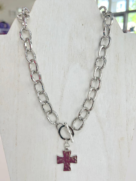 Hammered Cross Chain Necklace - Silver