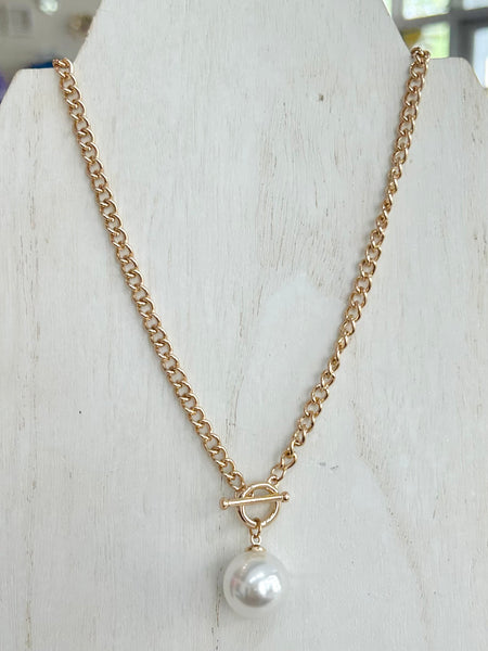 Pearl Pendant Chain Link Necklace - Gold