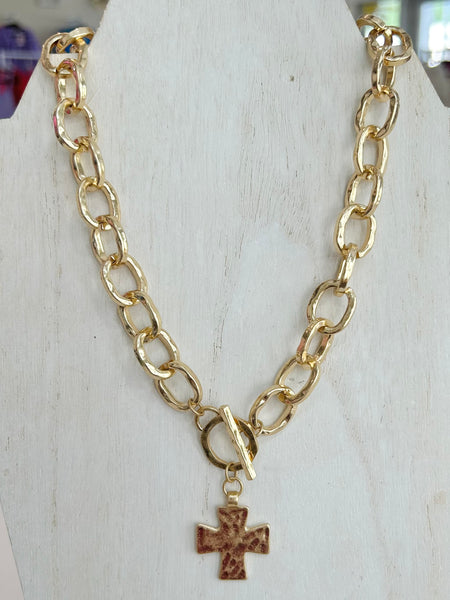 Hammered Cross Chain Necklace - Gold