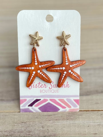 Wood Starfish Earrings