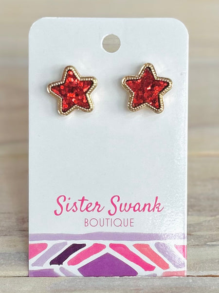 Glitter Star Stud Earrings - Red