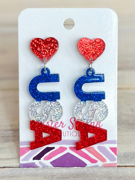 "USA" Glitter Post Drop Earrings