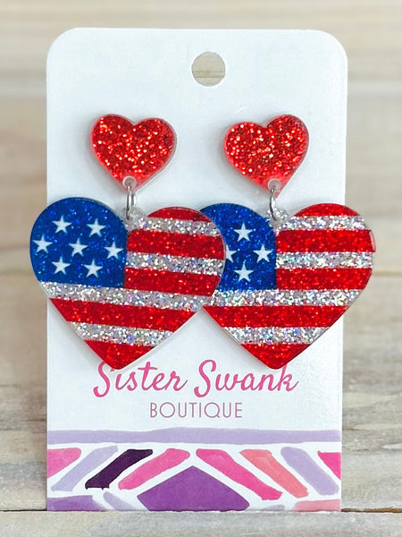 Americana Flag Hearts Post Drop Earrings