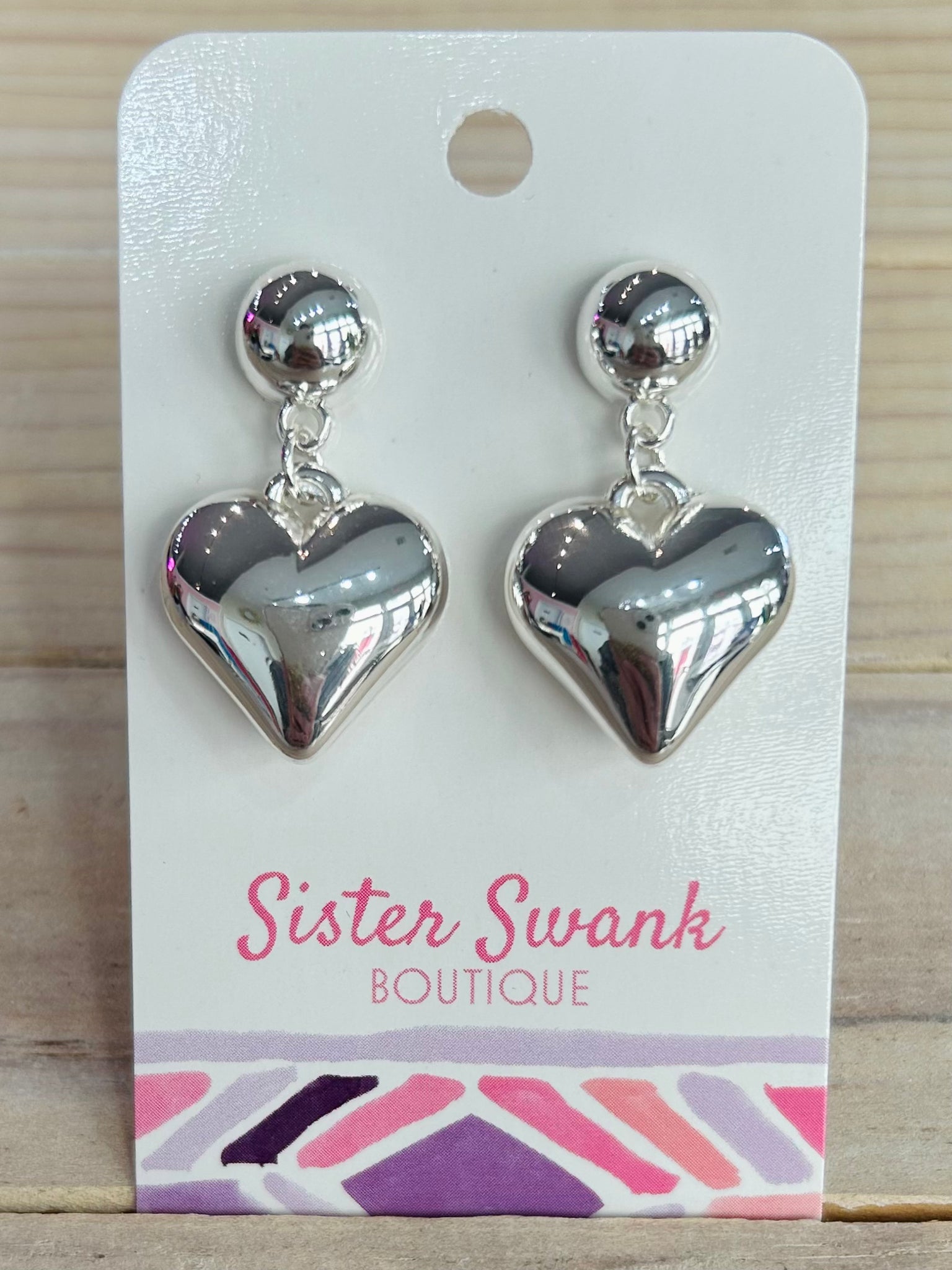 Puff Heart Drop Earrings - Silver