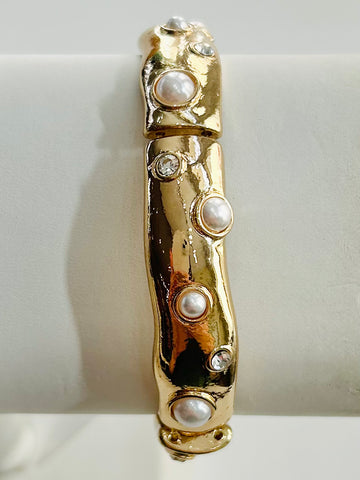 Stretch Bracelet With Pearl And Diamond - Gold