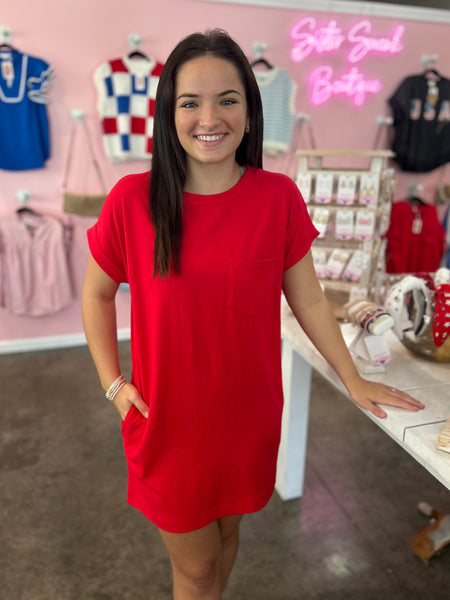 Casual Cutie Pocket Dress - Red