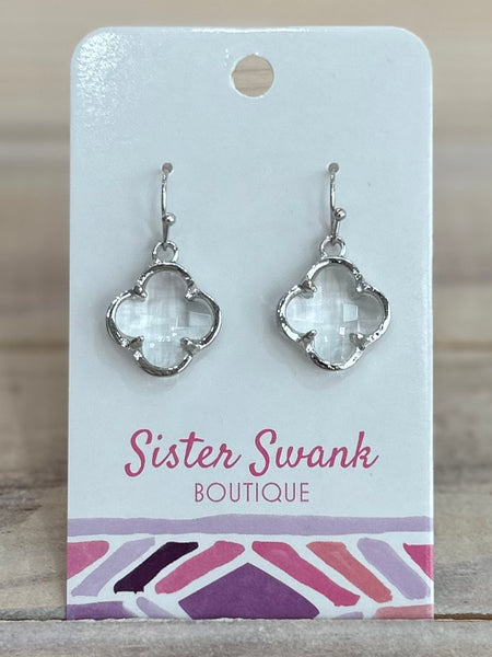 Glass Crystal Clover Drop Earrings - Silver