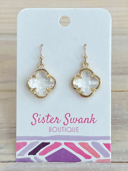 Glass Crystal Clover Drop Earrings - Gold