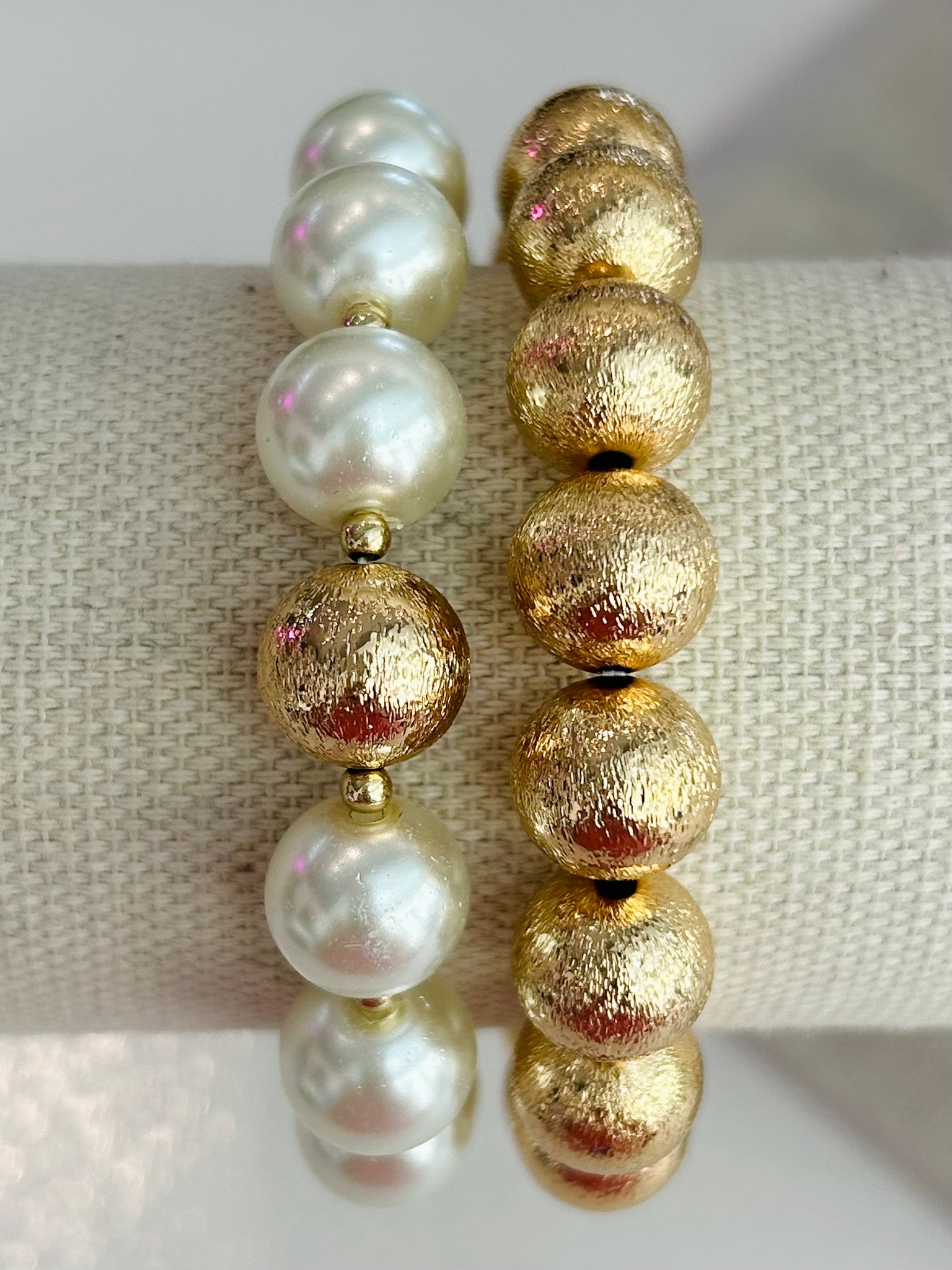 Set of Two Beaded Stretch Bracelets - Gold/Pearl