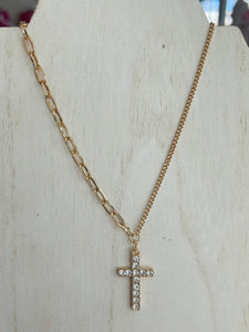 Rhinestone Cross Pendant Necklace - Gold